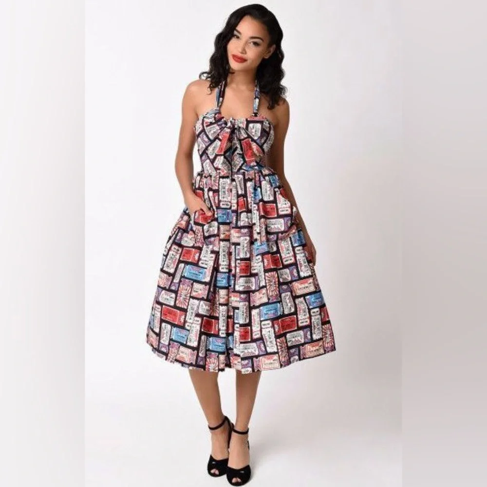 Unique Vintage | Dresses | Unique Vintage Ticket Print Halter Swing Dress |  Poshmark